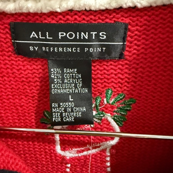 Women's Festive Red Black Sweater Holiday Christmas Furry Collar Fabric Buttons - Picture 6 of 7